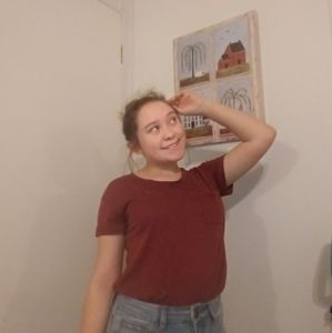 Red T-shirt with white mixed within.